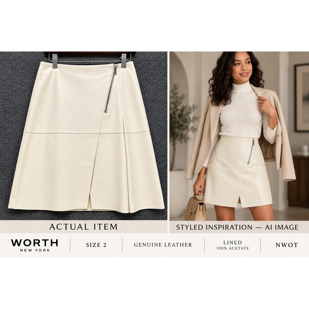 Worth New York Leather Skirt Womens A-Line Asymmetric Zip Cream 2 NWOT Chic